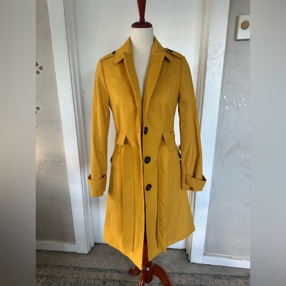 Via Wool Blend Mustard Yellow Trench Longline Coat Twee Size 4 Womens - Picture 2 of 7